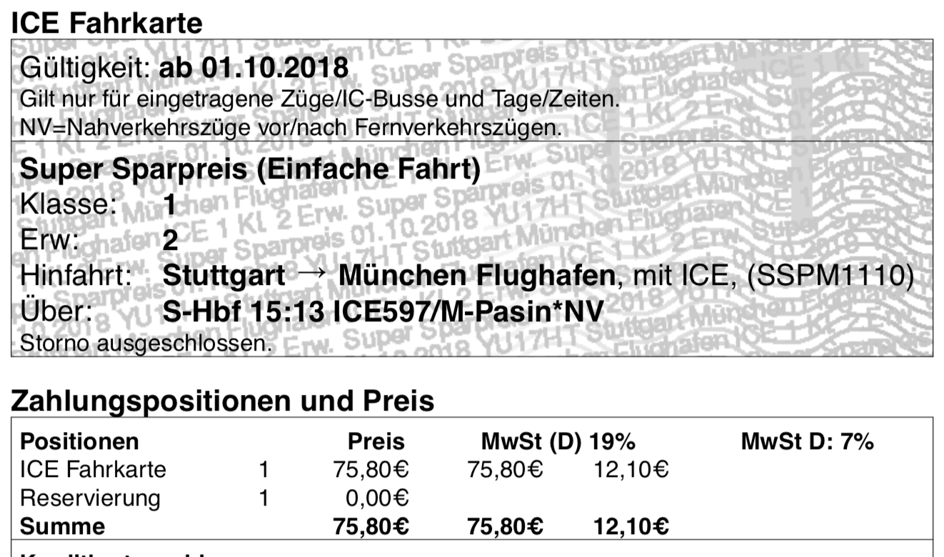 ICE Fahrkarte 1. Klasse München Flughafen