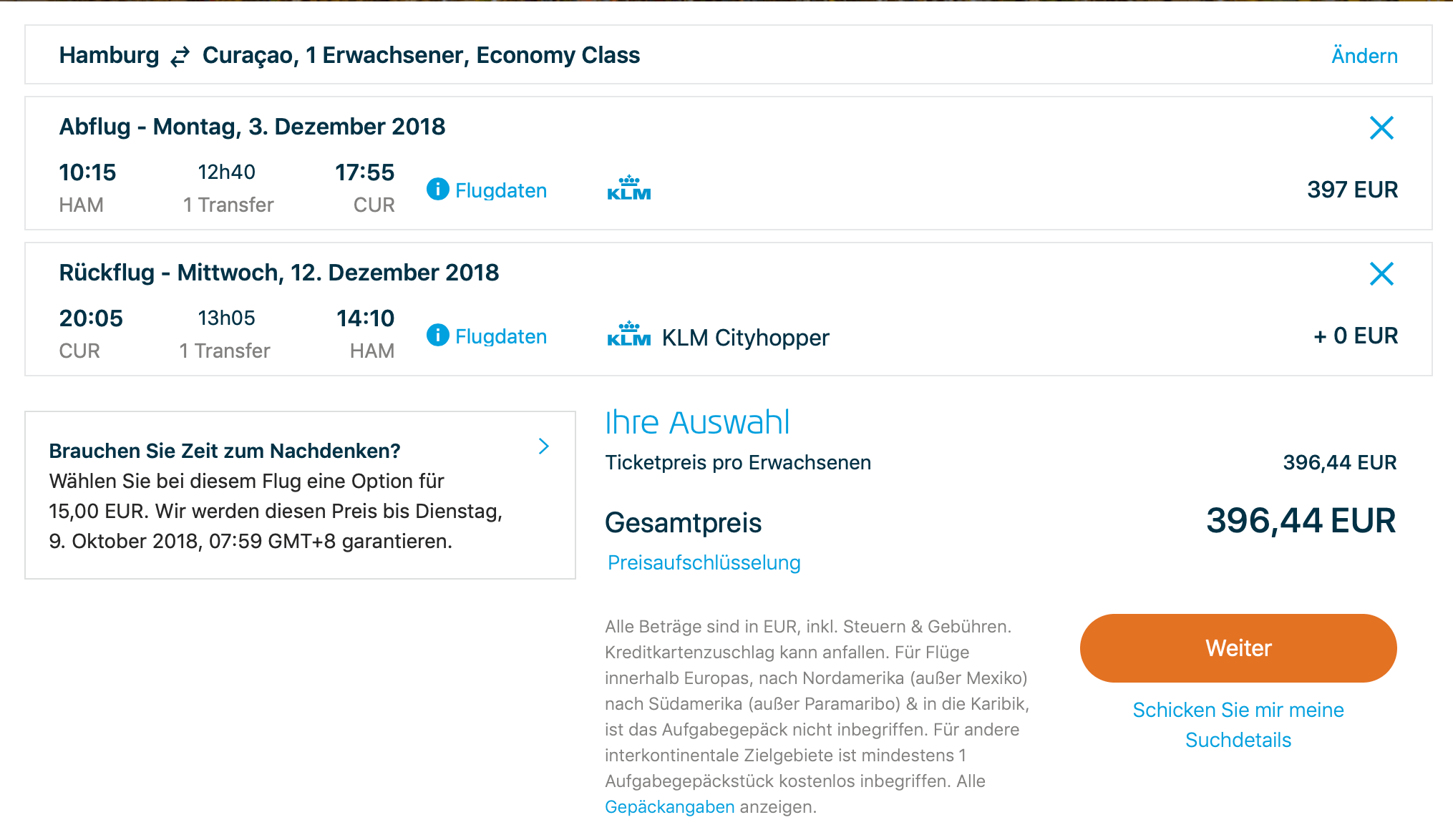 KLM Hamburg nach Curacao Return unter 400€