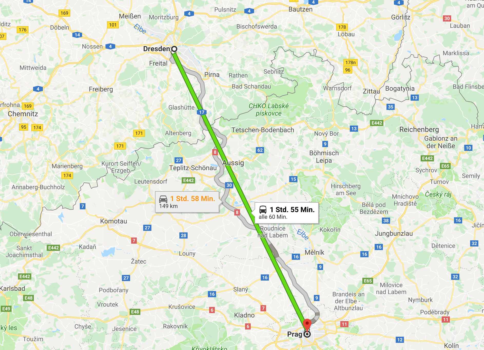 Dresden nach Prag Entfernung Karte