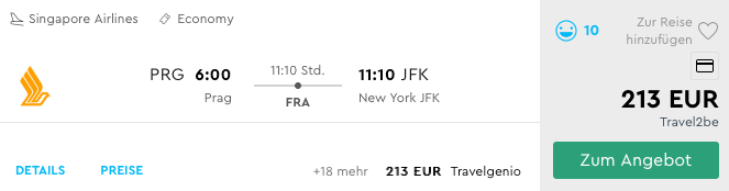 Singapore Airlines Prag - New York 213 € One Way