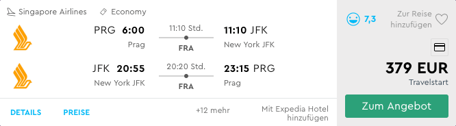 Singapore Airlines Prag - New York 379€