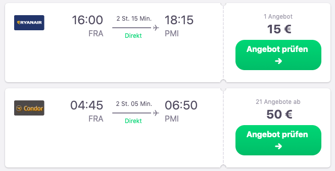 Flüge nach Mallorca buchen - Flugsuche Ergebnisse