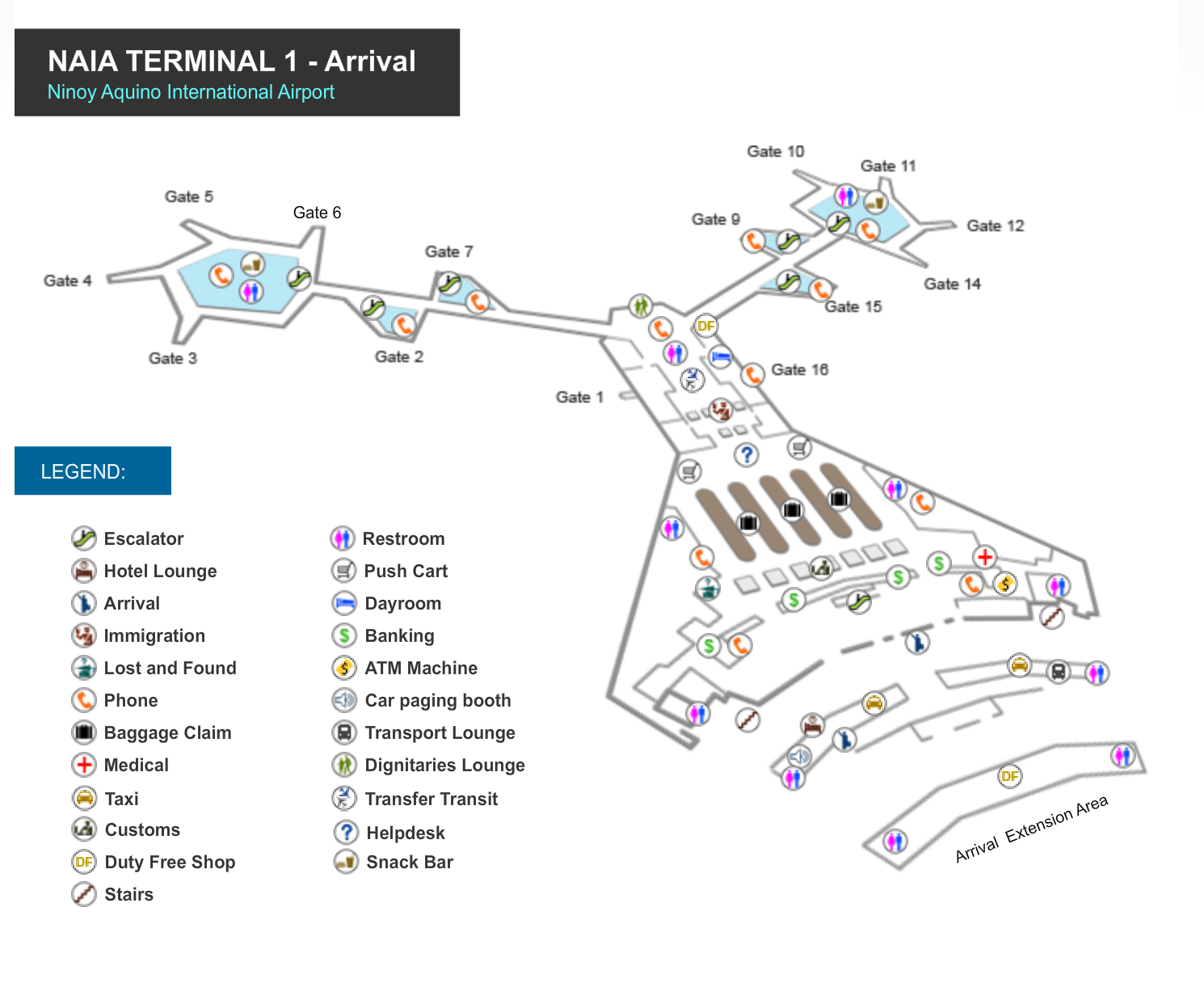 Manila Flughafen Terminal 1 Karte NAIA 1 - Ankunftsbereich