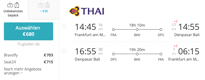 Thai Airways Bali Flüge Sommer 2019