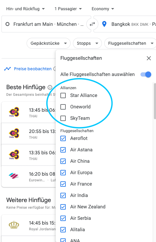 Google Flüge Allianz Filter