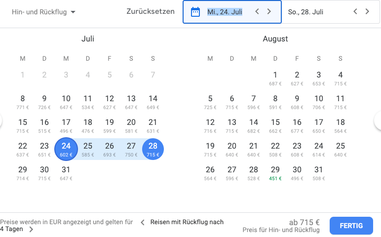 Google Flüge Datumsauswahl