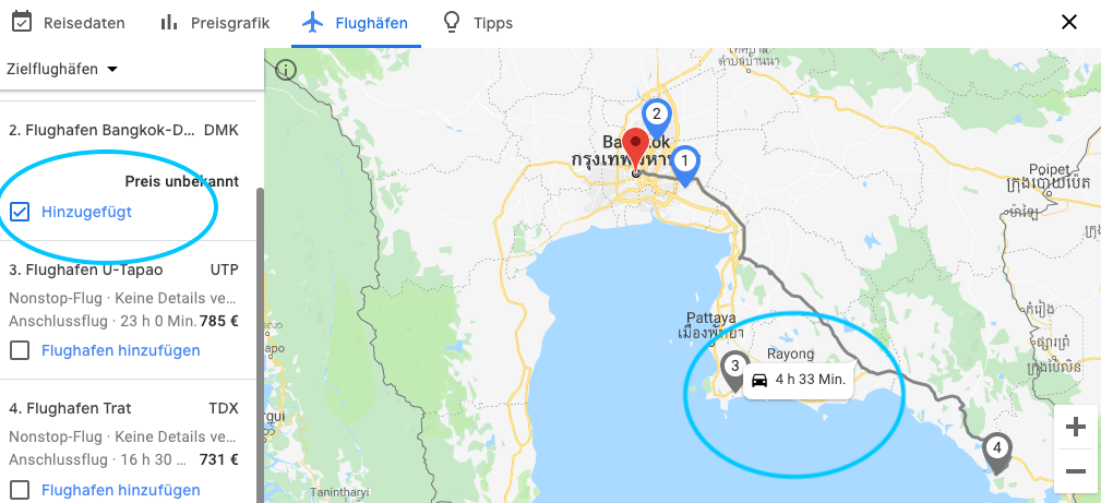 Google Flüge nahe Airports Karte