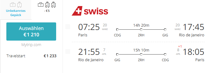 Swiss Air Lines Business Class Rio de Janeiro