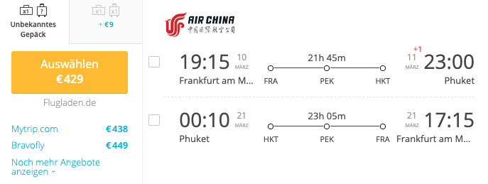 Air China Frankfurt nach Phuket März 2020